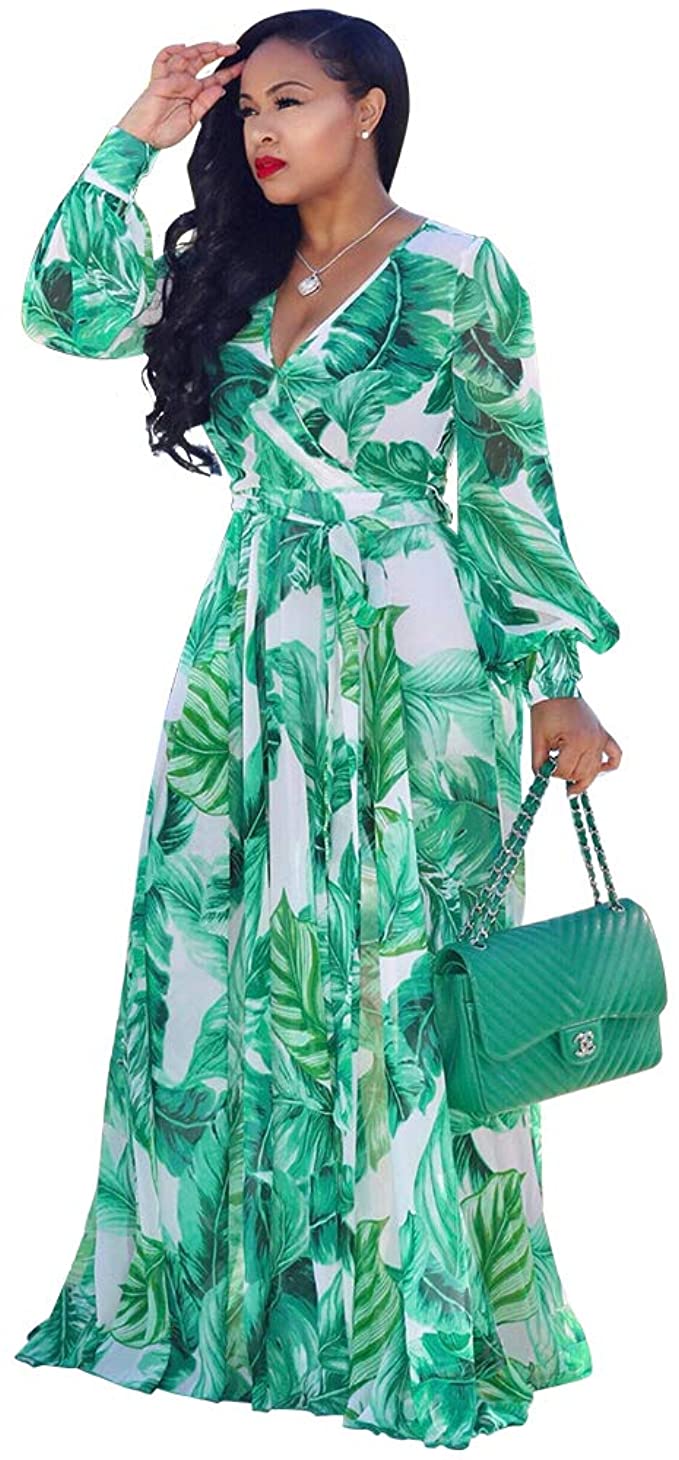 Nuofengkudu Womens Chiffon Deep V-Neck Stripe Printed Maxi Dress