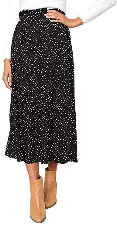 EXLURA Womens High Waist Polka Dot Pleated Skirt Midi Swing Skirt with Pockets