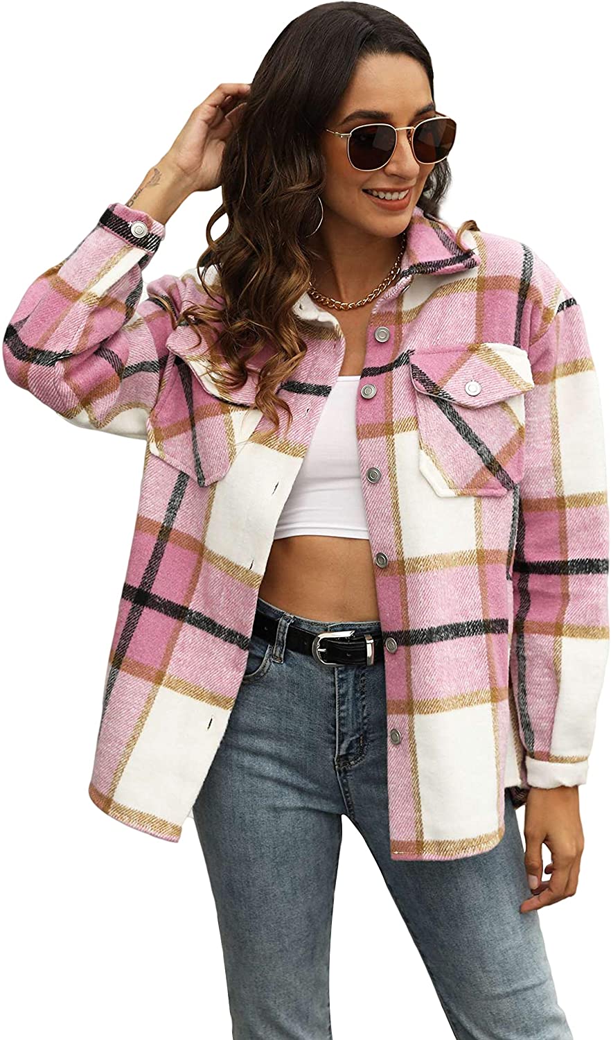 UANEO Womens Casual Plaid Wool Blend Button