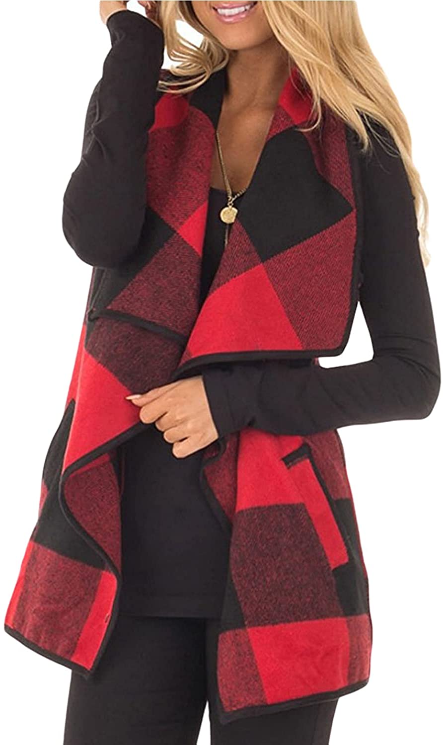 YACUN Women Vest Lapel Open Front Buffalo Plaid Sleeveless Cardigan Jacket Coat with Pockets