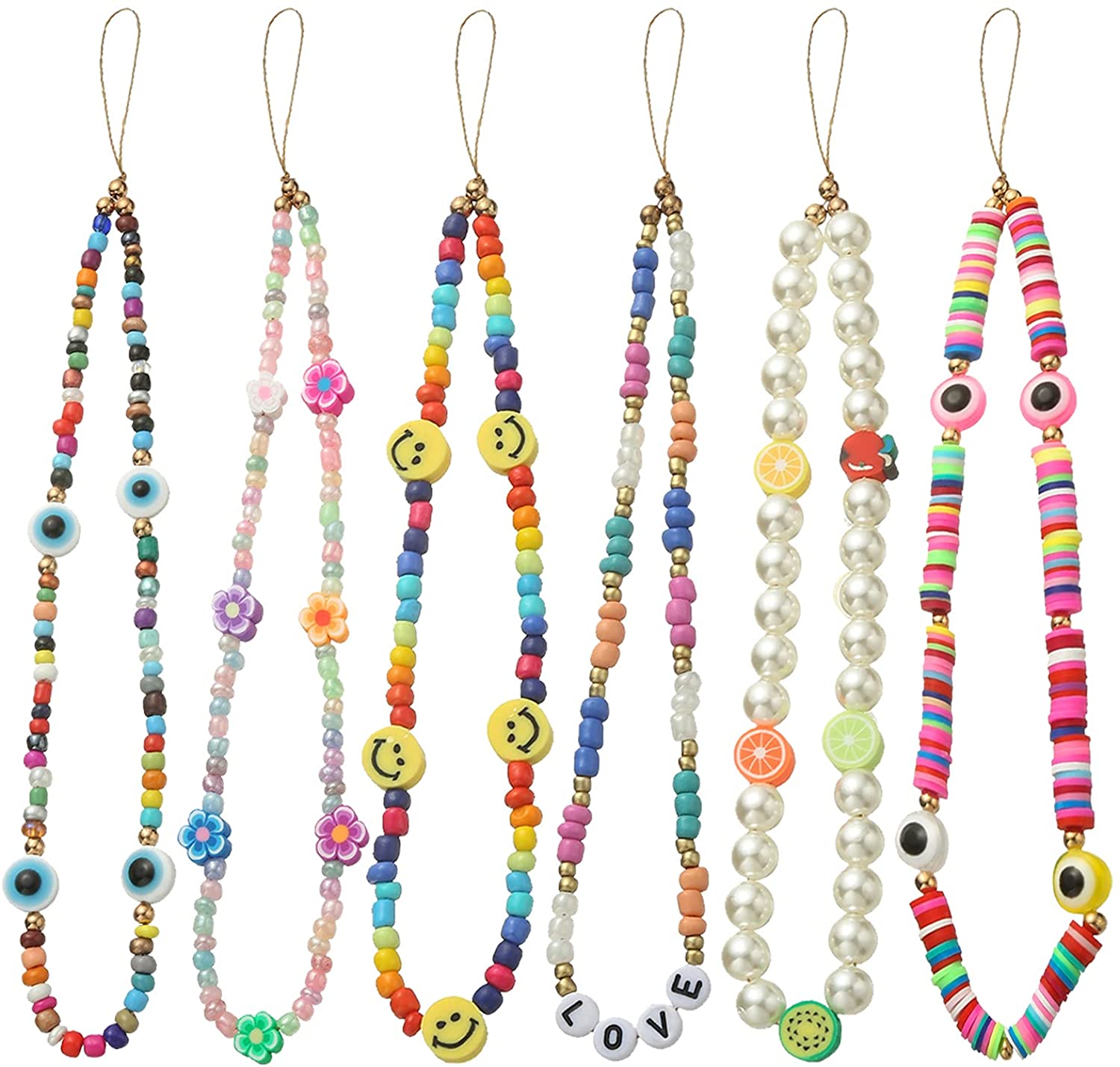 6PCS Beaded Phone Lanyard Wrist Strap Face Beaded Phone Charm Fruit Star Pearl Rainbow Color Beaded Phone Chain Strap for Women Girls