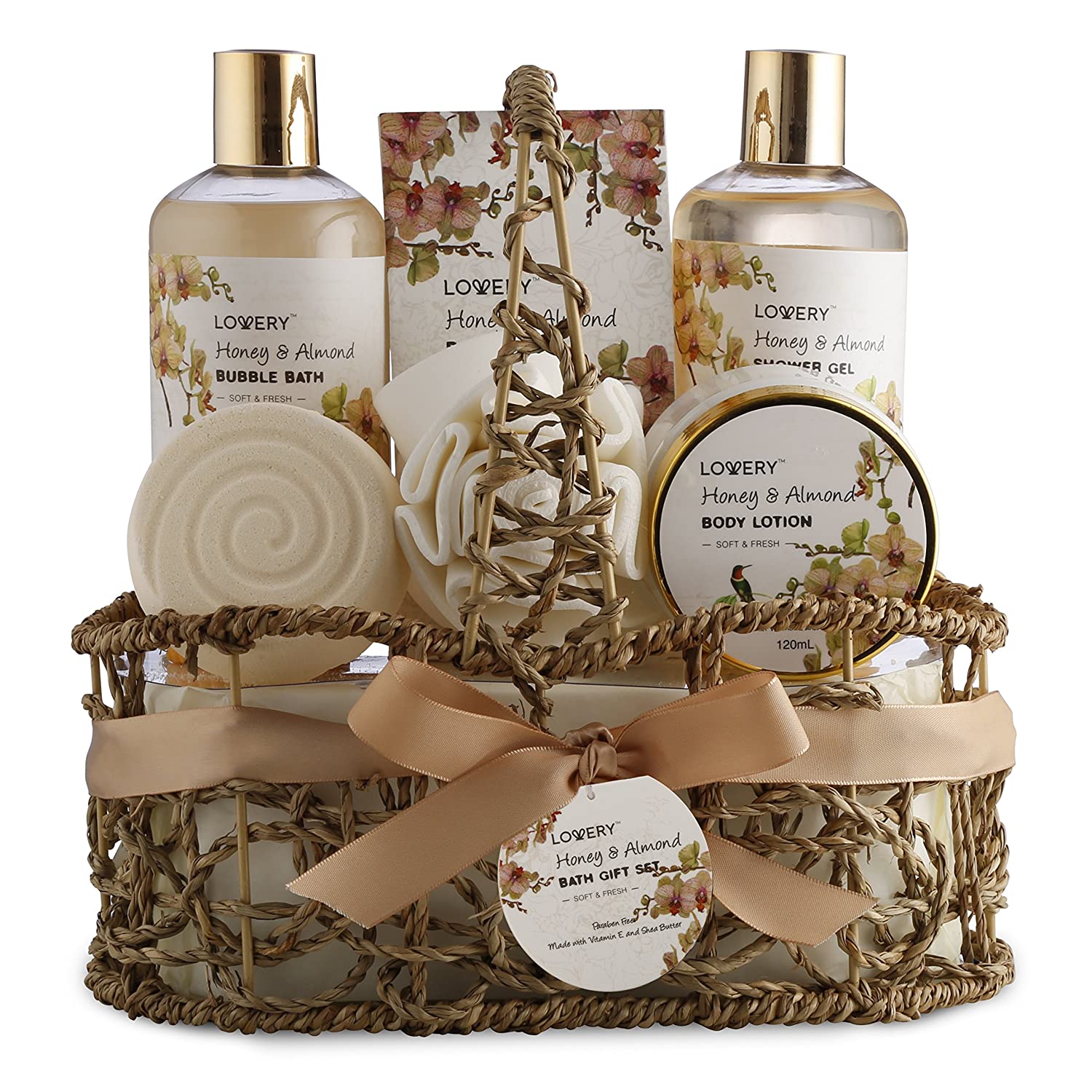 Home Spa Gift Basket - Honey & Almond Scent - Luxury Bath & Body Set For Women