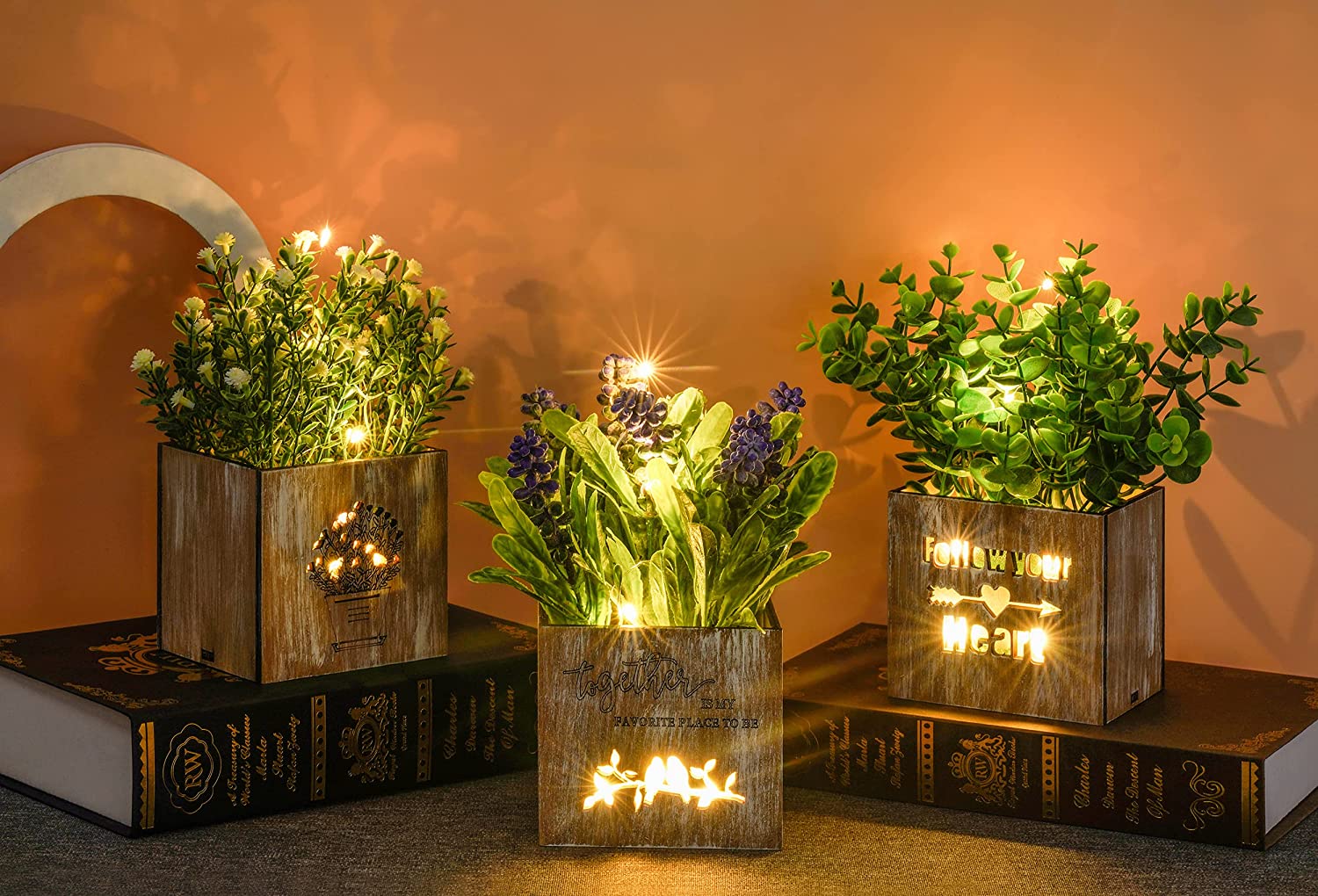 Kinkota Artificial Plants & Flowers with Lights in Wooden Box