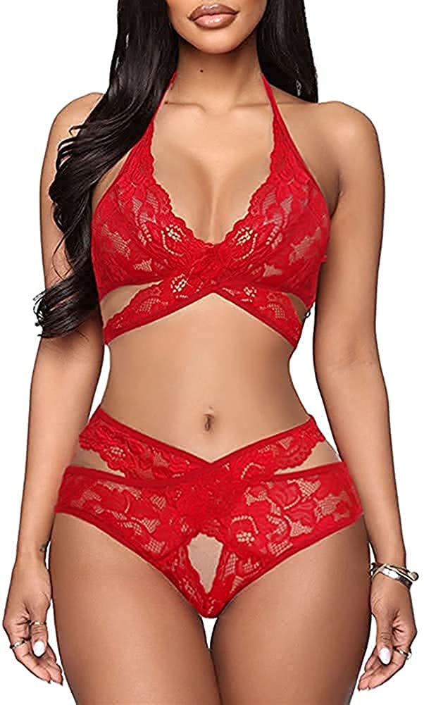 MARZXIN Women Lace Lingerie Bra and Panty Set 2 Piece Strappy Babydoll Bralette Bodysuit