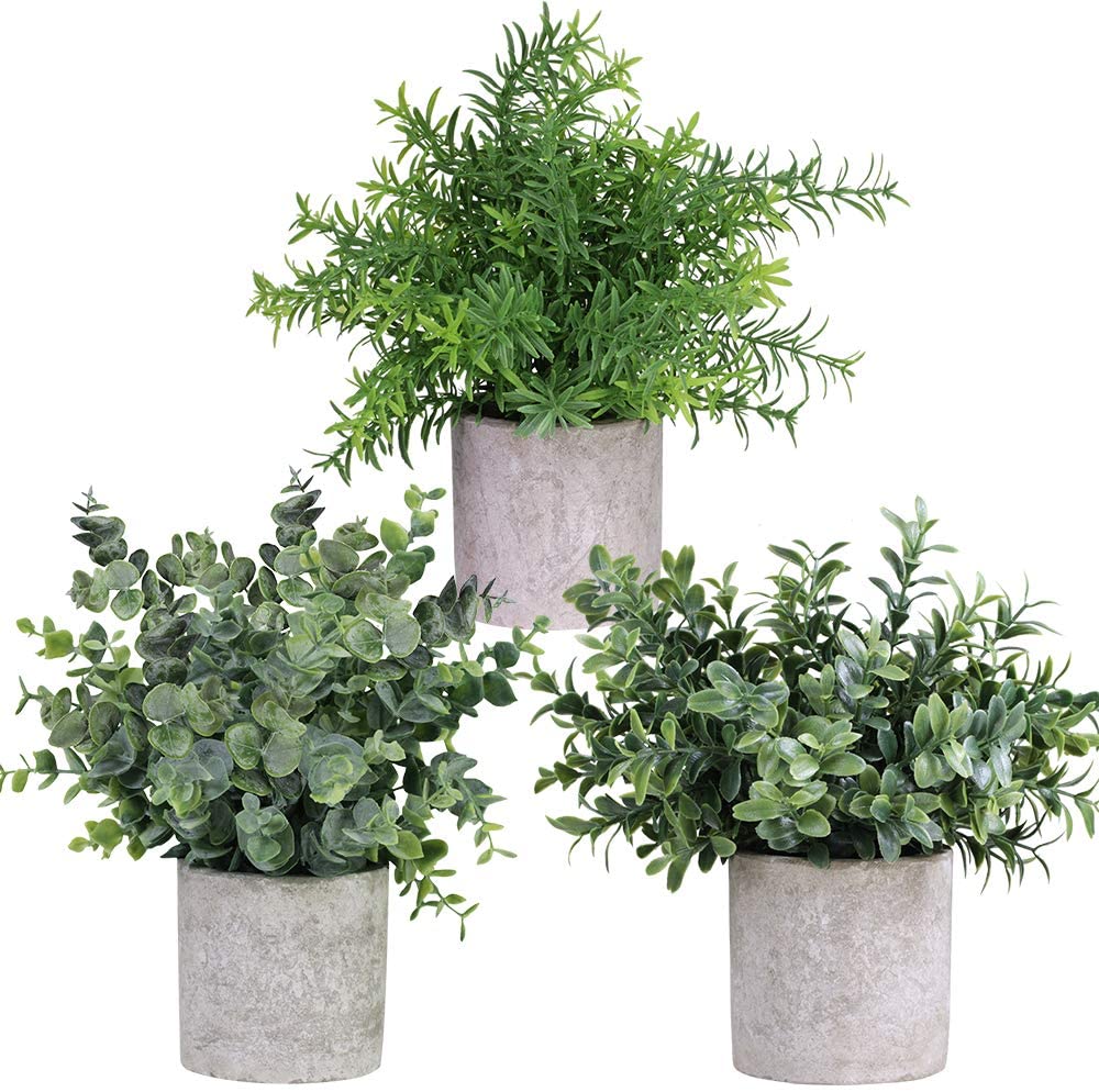 Mini Potted Plants Artificial Eucalyptus Boxwood Rosemary Greenery in Pots