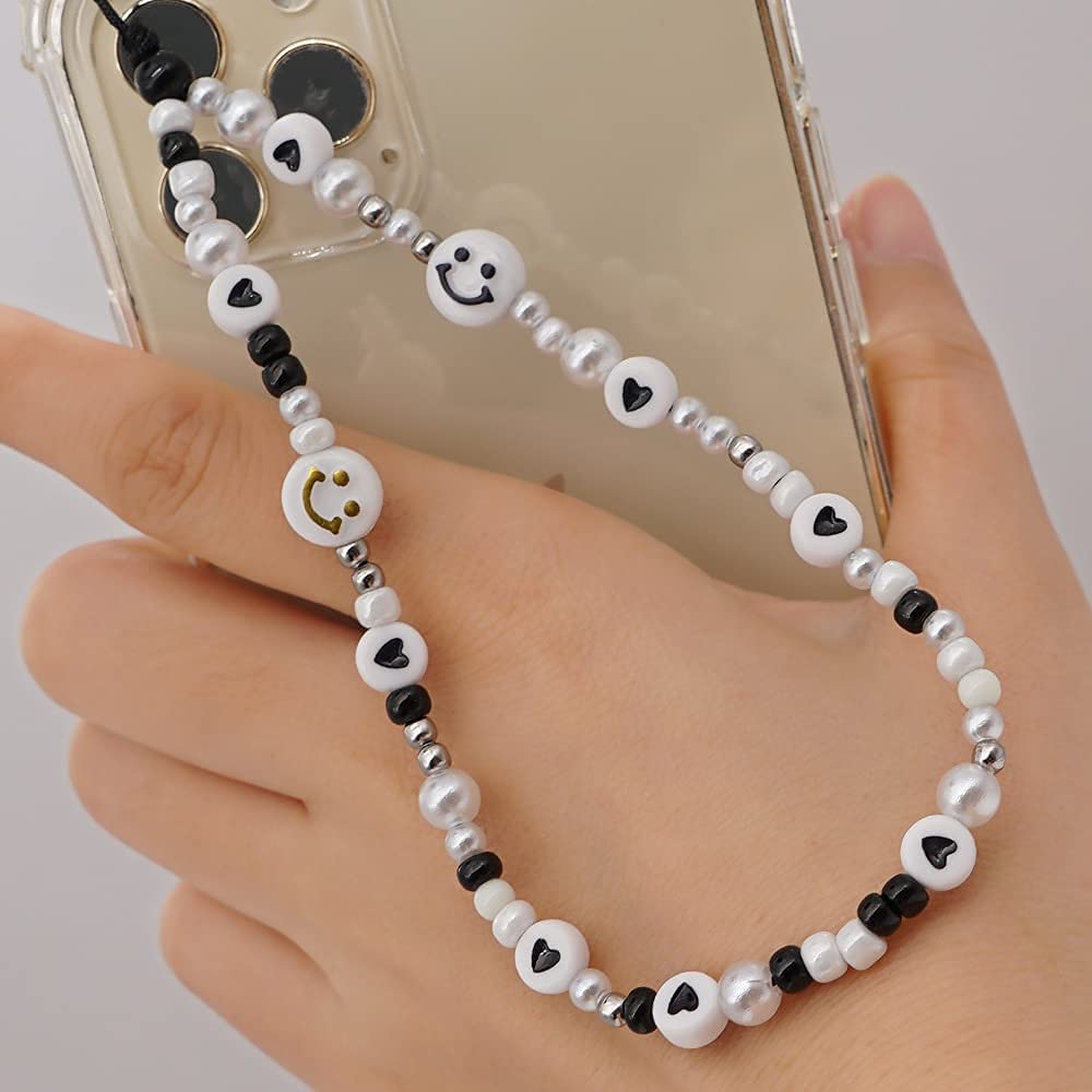 6PCS Beaded Phone Lanyard Wrist Strap Face Beaded Phone Charm Fruit Star Pearl Rainbow Color Beaded Phone Chain Strap for Women Girls 