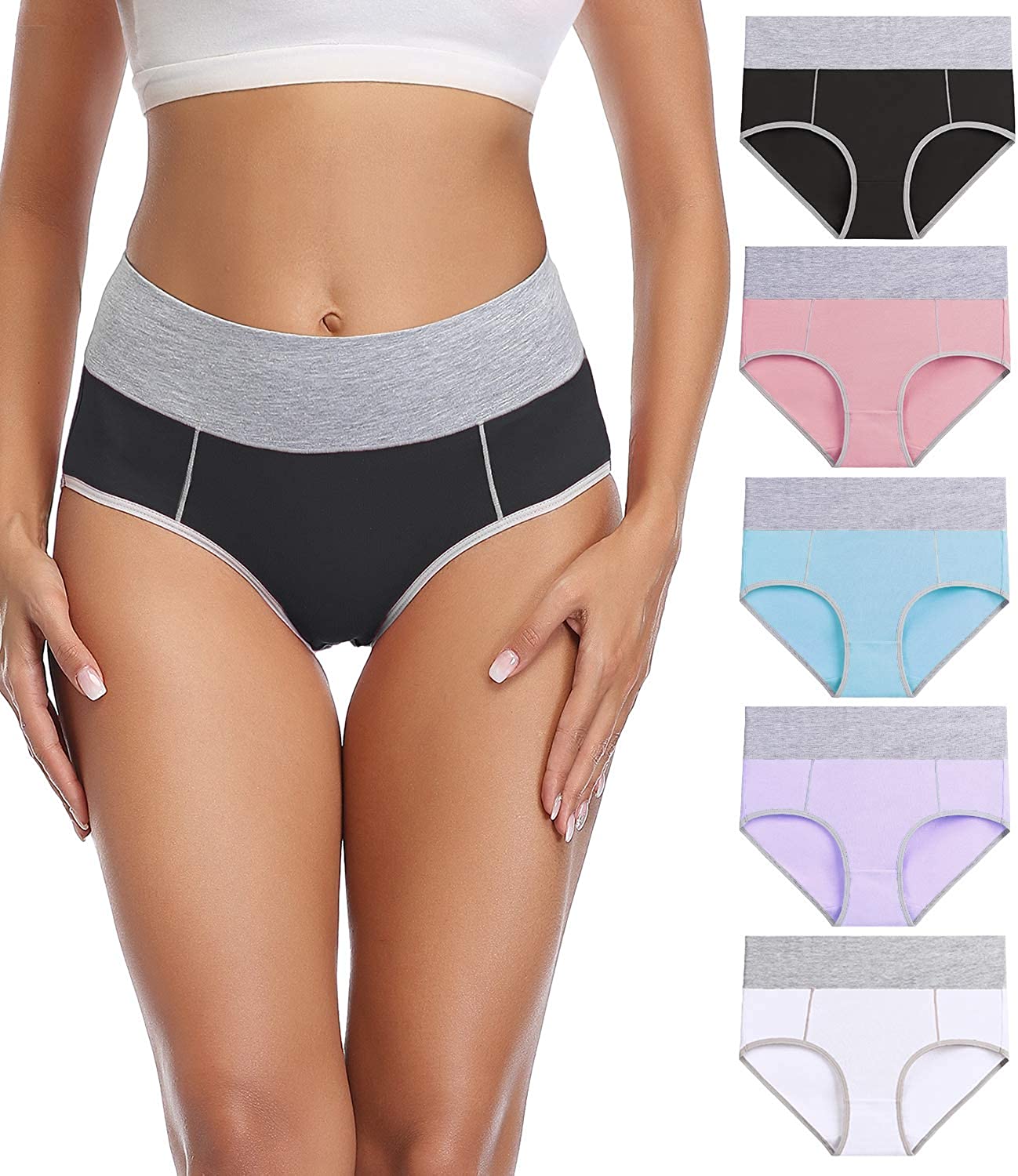 Women's High Waisted Cotton Underwear Soft Stretch Briefs Full Breathable Ladies Panties 5 Pack