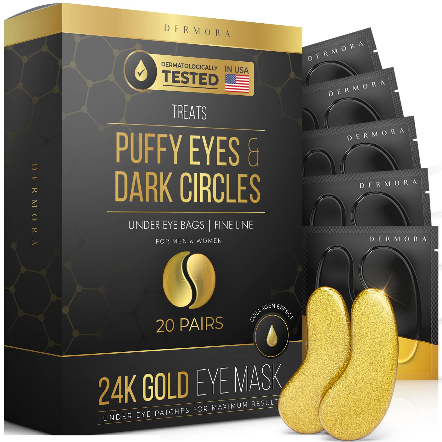 24K Gold Eye Mask– 20 Pairs - Puffy Eyes and Dark Circles Treatments 
