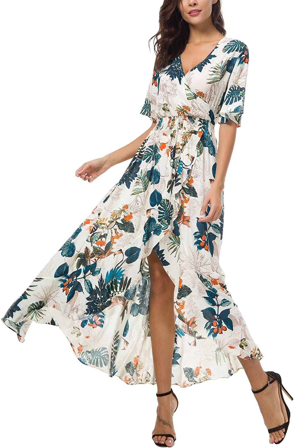 Kormei Womens Short Sleeve Floral Long Maxi Dress