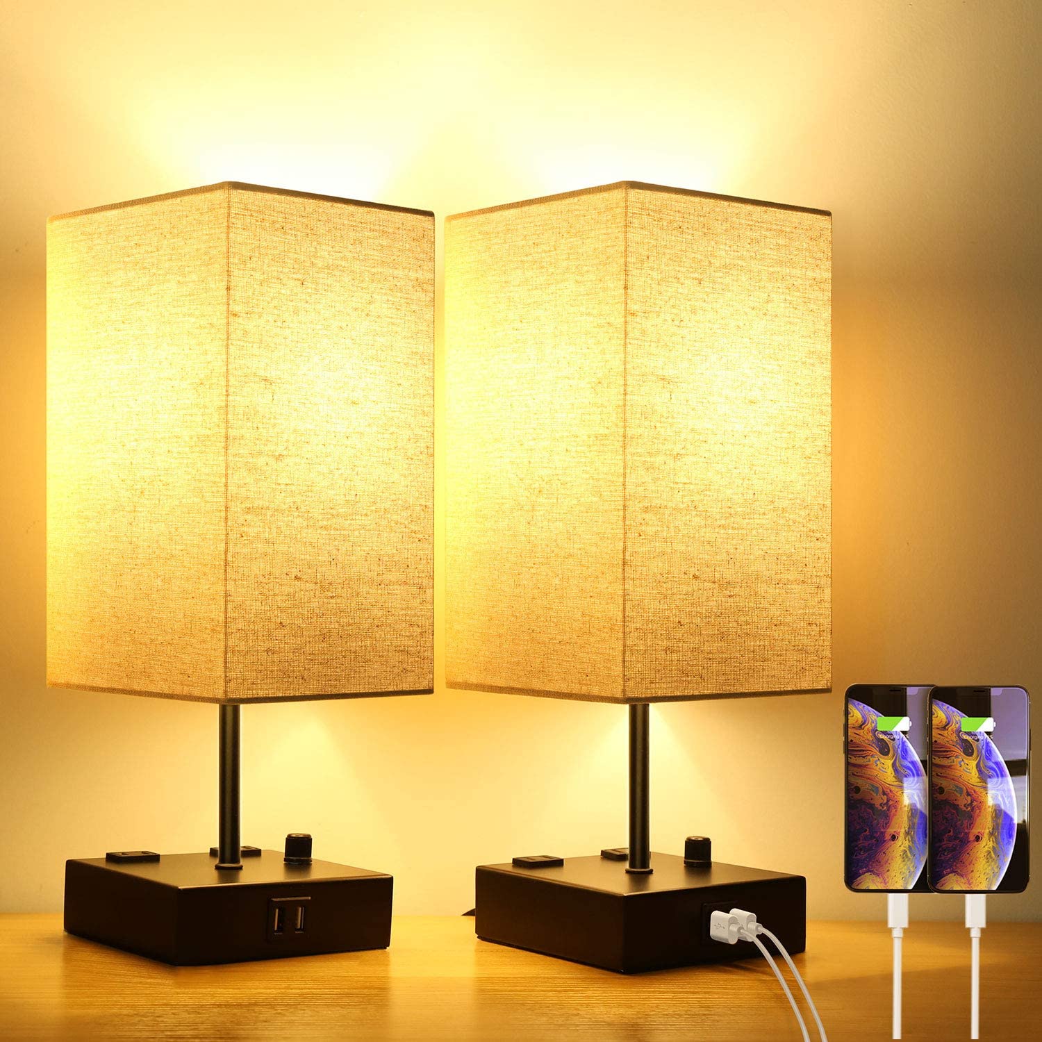 Upgraded Fully Dimmable USB Bedside Table Lamp Set of 2