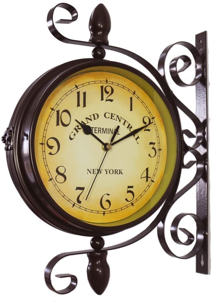 WOOCH Wrought Iron Antique-Look Brown Round Wall Hanging Double Sided Two Faces Retro Station Clock