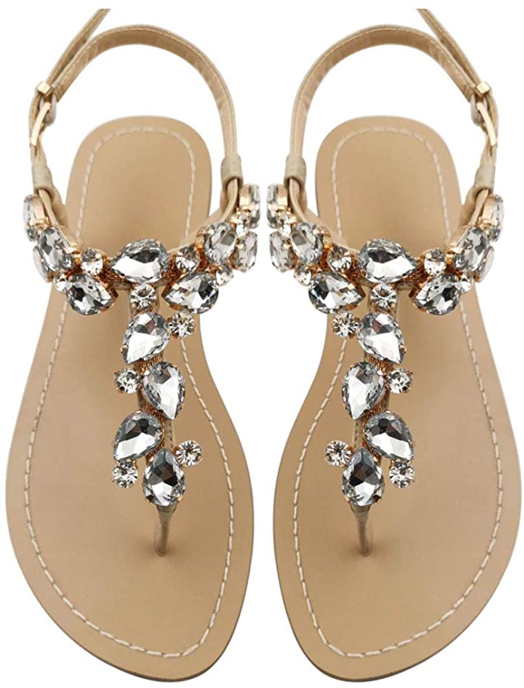 Women's Rhinestone Flat Sandals, Women Flip Flops with Clip Toe RingBeadeed Rhinestone Crystal Jeweled Sandal Shoes for Summer Beach Oceanside Holiday Outdoor
