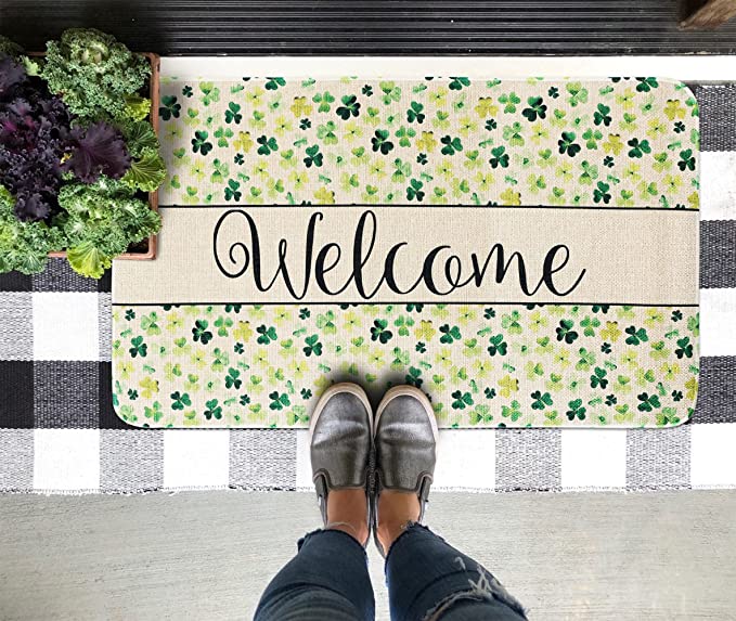 Welcome Doormat Lucky Green Shamrocks Printed Doormat