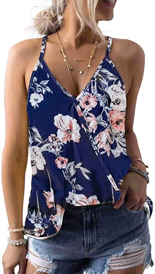 Dokotoo Womens V Neck Camisole Leaf Print Tank Top