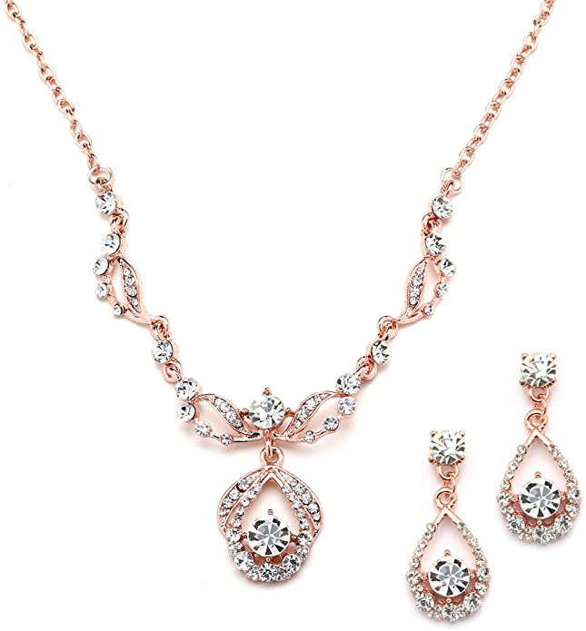 Mariell 14K Rose Gold Vintage Crystal Necklace and Earrings Jewelry Set 