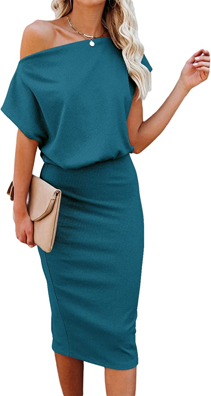Ezbelle Women's Off The Shoulder Short Sleeve Ribbed Casual Party Bodycon Midi Dress