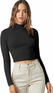 Verdusa Women's Basic Mock Neck Long Sleeve Fitted Crop T Shirt Top